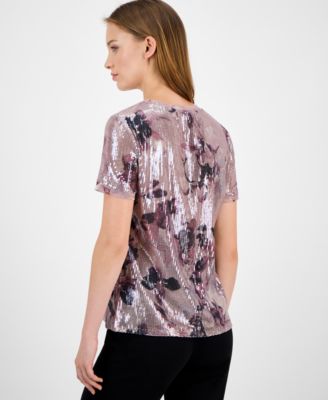Petite Short-Sleeve Floral Sequin Tee
