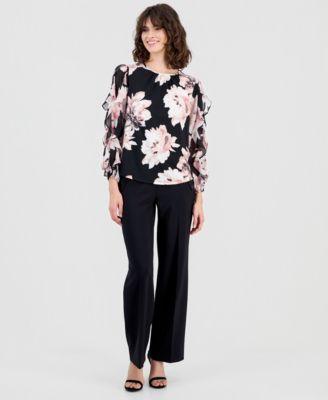 Petite Ruffled-Sleeve Shirred Floral Top