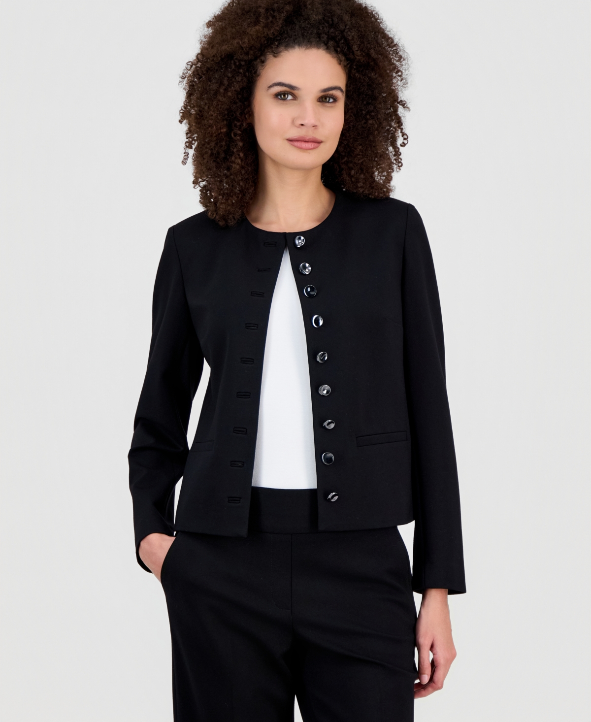 Anne Klein Women's Crewneck Button-front Blazer In Black