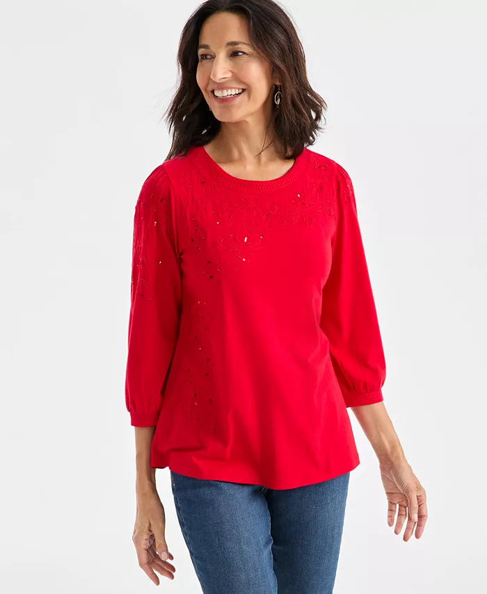 Women's Floral Embroidery Shine Knit Top