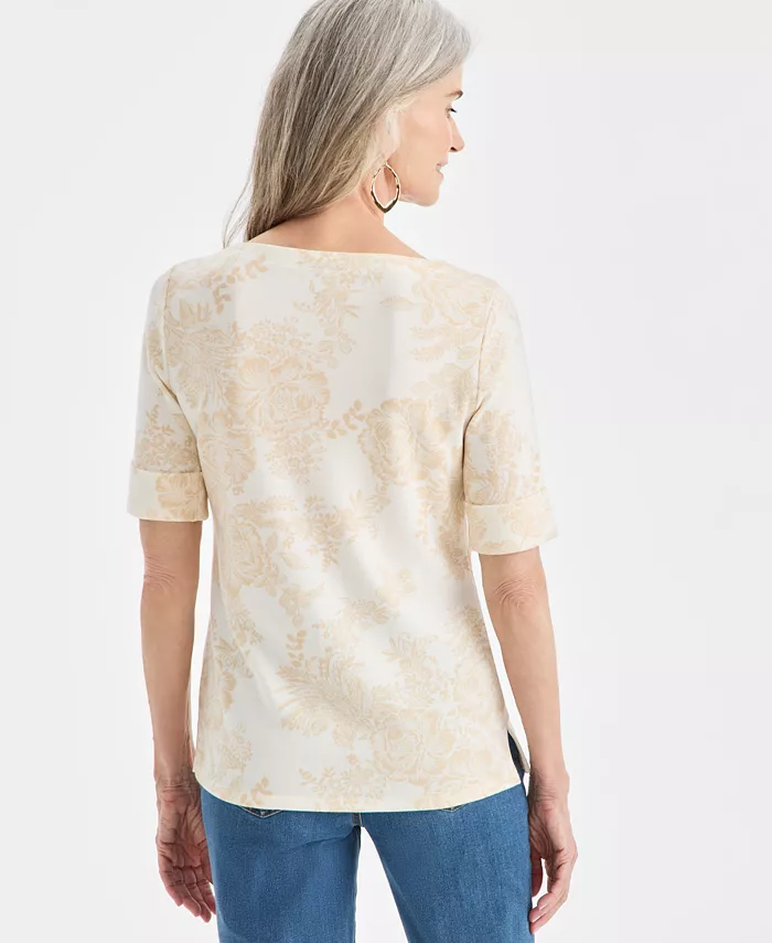 Women's Printed Boat-Neck Elbow-Sleeve Top - thumbnail 2