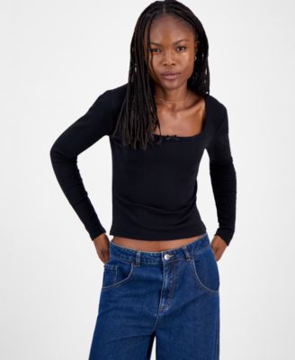 Juniors' Square-Neck Ribbed Long-Sleeve Picot Bow Top