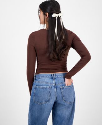 Juniors' Square-Neck Long-Sleeve Knit Top