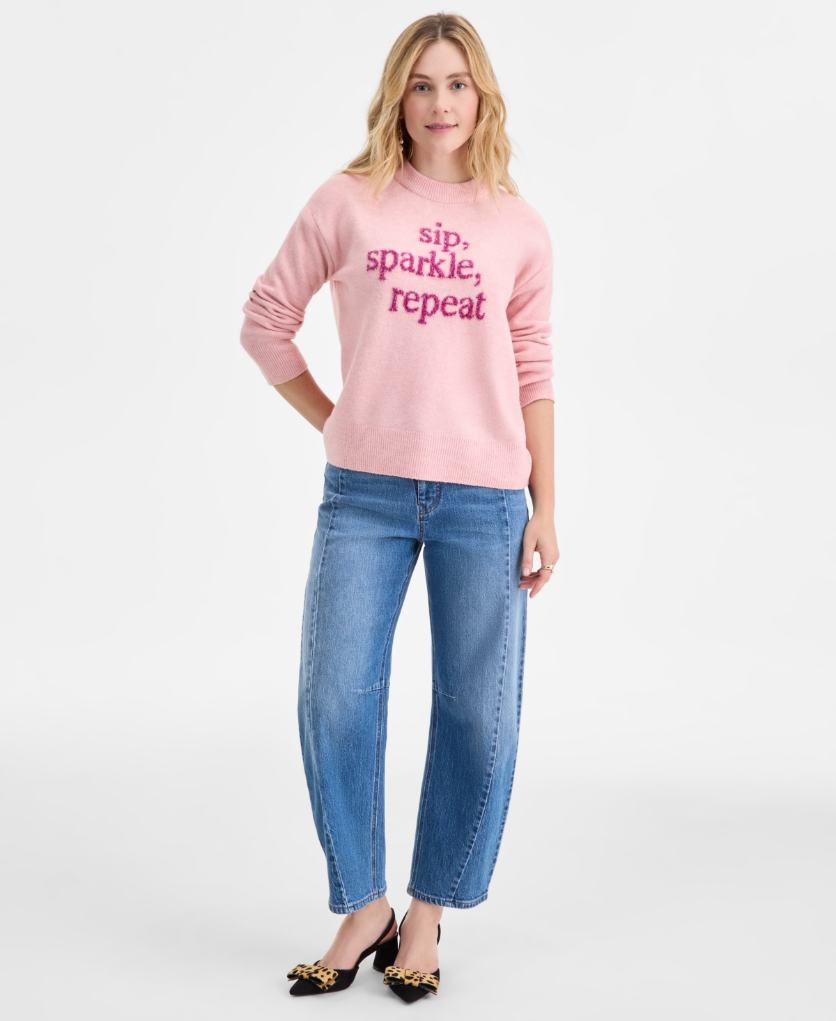 On 34th Women's Sip Sparkle Repeat Crewneck Sweater, Macy's Exclusive In Pink