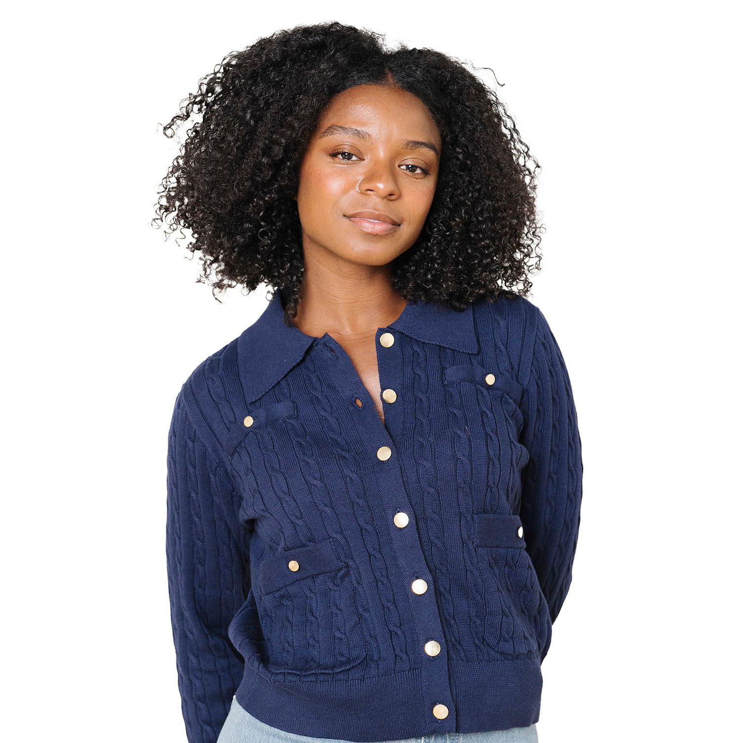 Women's Hope and Henry Organic Cable Knit Collared Cardigan Sweater