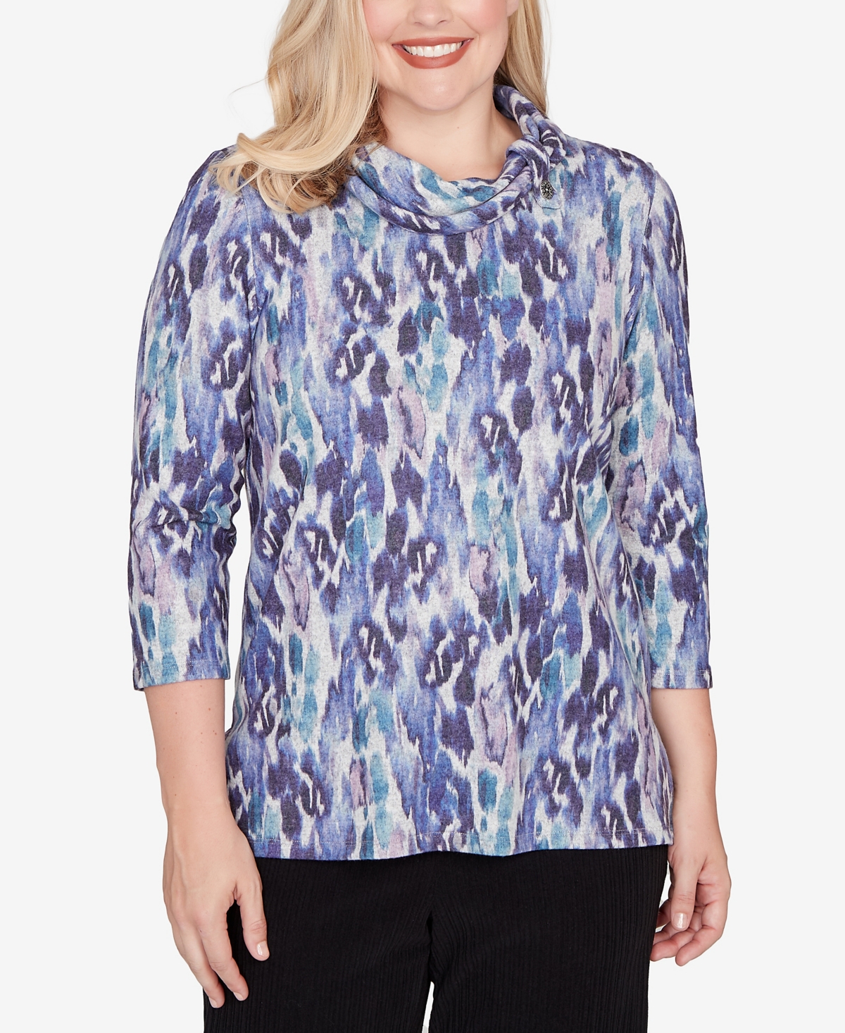Alfred Dunner Petite Lake Champlain Animal Melange Three Quarter Sleeve Top In Multi