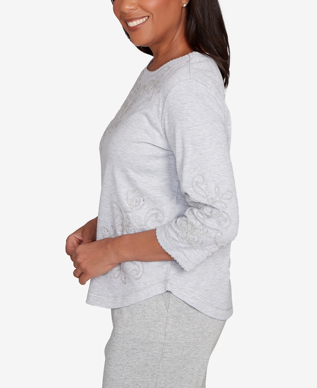 Alfred Dunner Petite Casual Vibe Asymmetrical Floral Embroidered Detail Top In Silver
