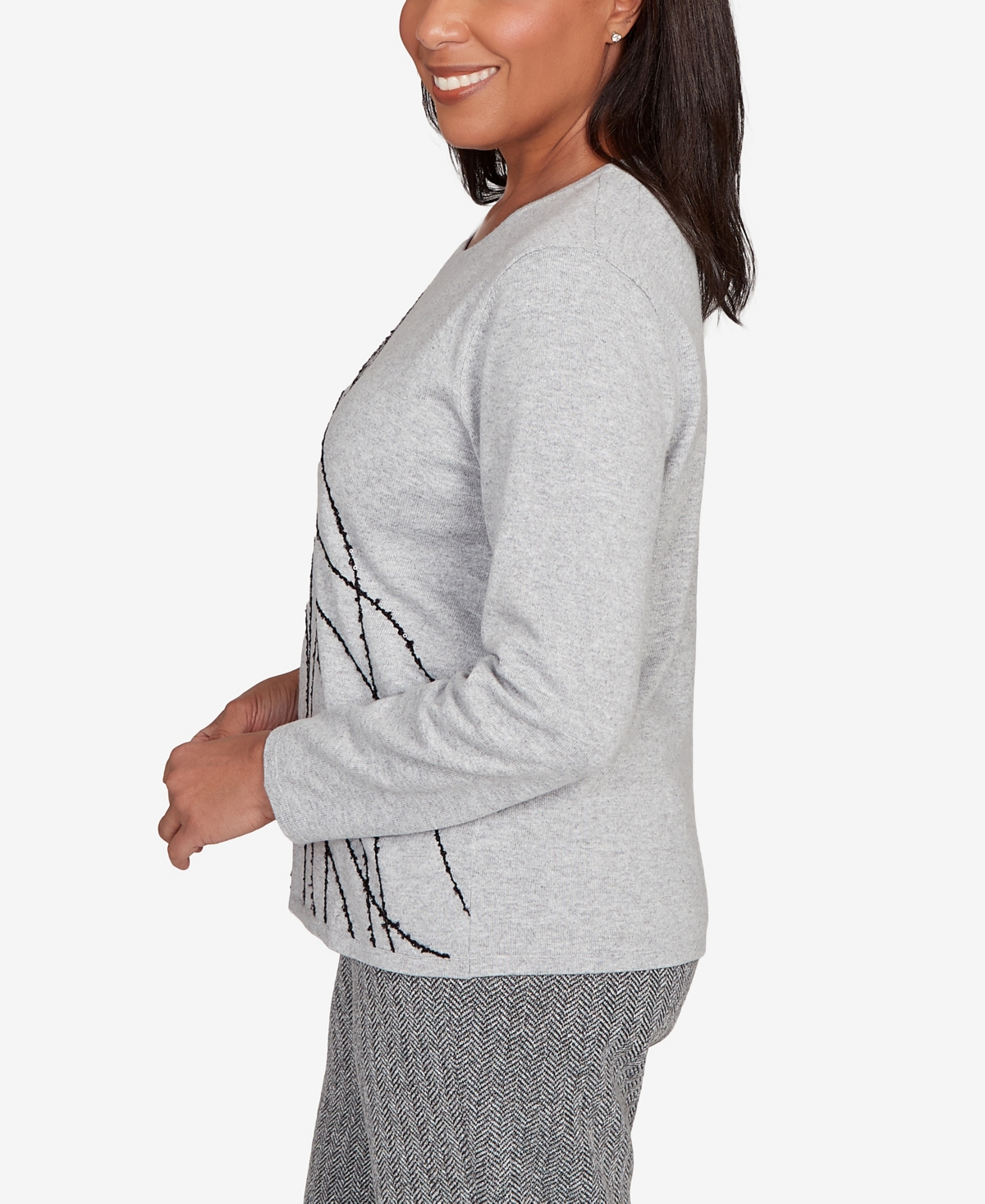 Alfred Dunner Petite Jet Setter Abstract Cording Sweater In Gray