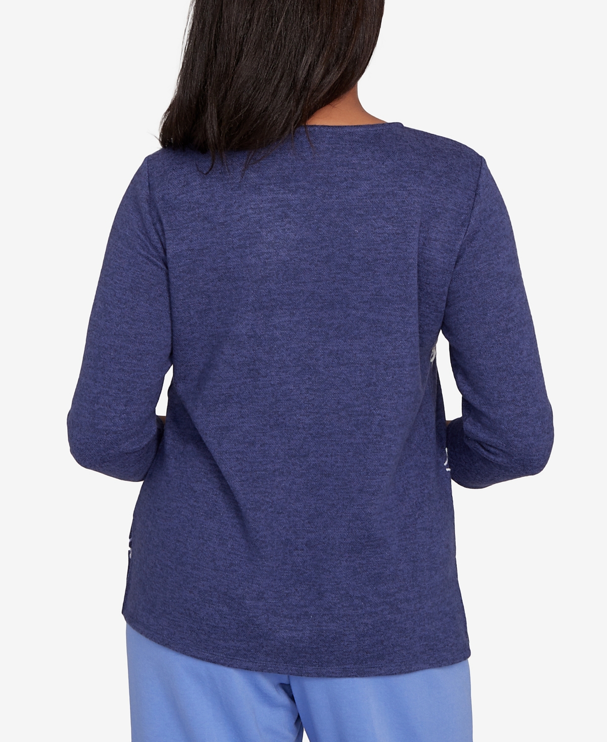 Alfred Dunner Petite Lake Champlain Embroidered Scroll Ruched Sleeve Top In Purple