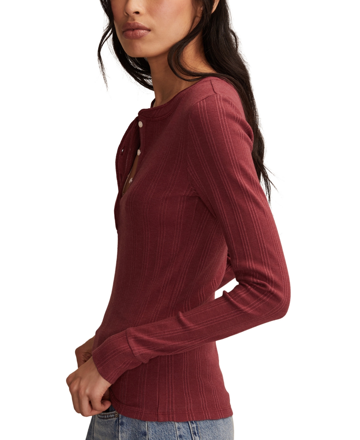 Lucky Brand Women's Long Sleeve Rib Henley Top In Brown