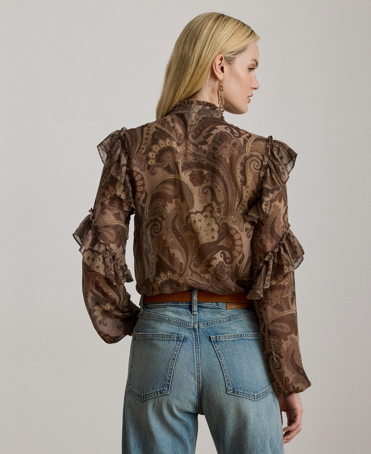 Ralph Lauren Paisley Ruffle-trim Chiffon Blouse In Brown