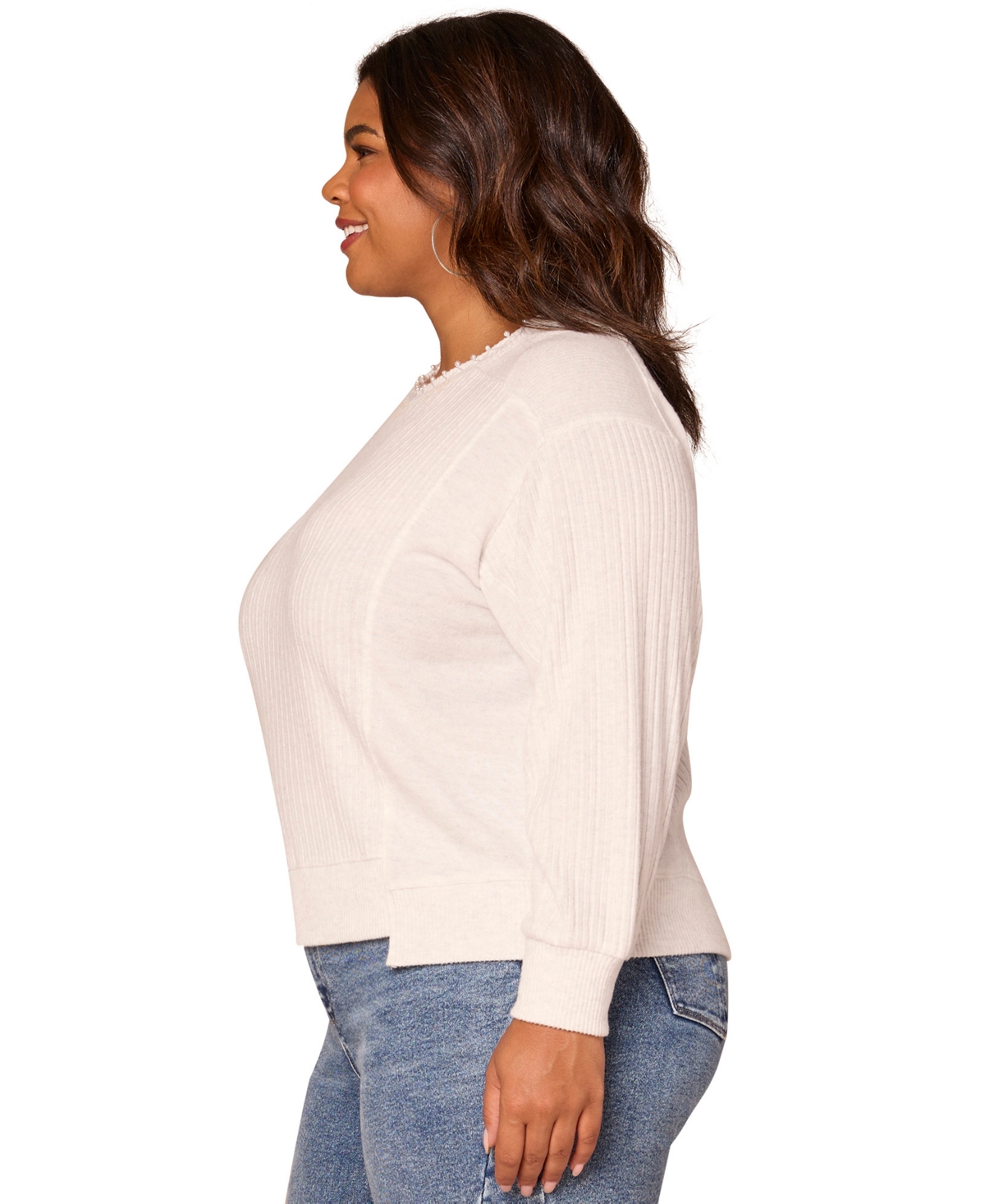 Democracy Plus Size Long Sleeve Crewneck Mixed Media Top In Multi