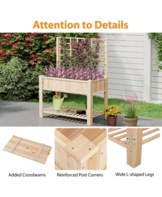 Raised Garden Bed w/ Trellis Wooden Elevated Planter Box w/ Legs & Liner 45'' x 23'' x 59'' (L x W x H)