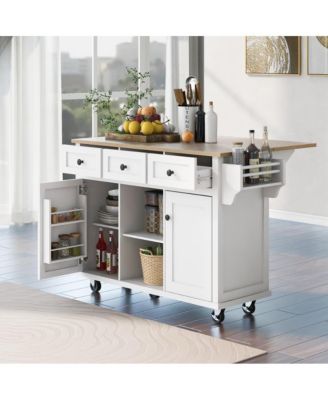 Kitchen Island Cart with Drop Leaf, Rubber Wood Top, 3 Drawers & Internal Racks, Rolling Storage on Wheels