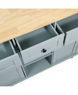 Kitchen Island Cart with Drop Leaf, Rubber Wood Top, 3 Drawers & Internal Racks, Rolling Storage on Wheels