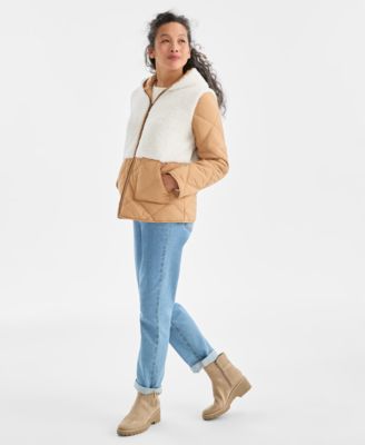 Petite Mixed Media Hooded Sherpa Jacket, Macy's Exclusive