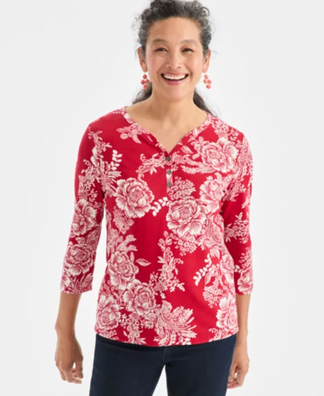 Petite Holiday Floral 3/4-Sleeve Henley Tee - Dark Redzone combo