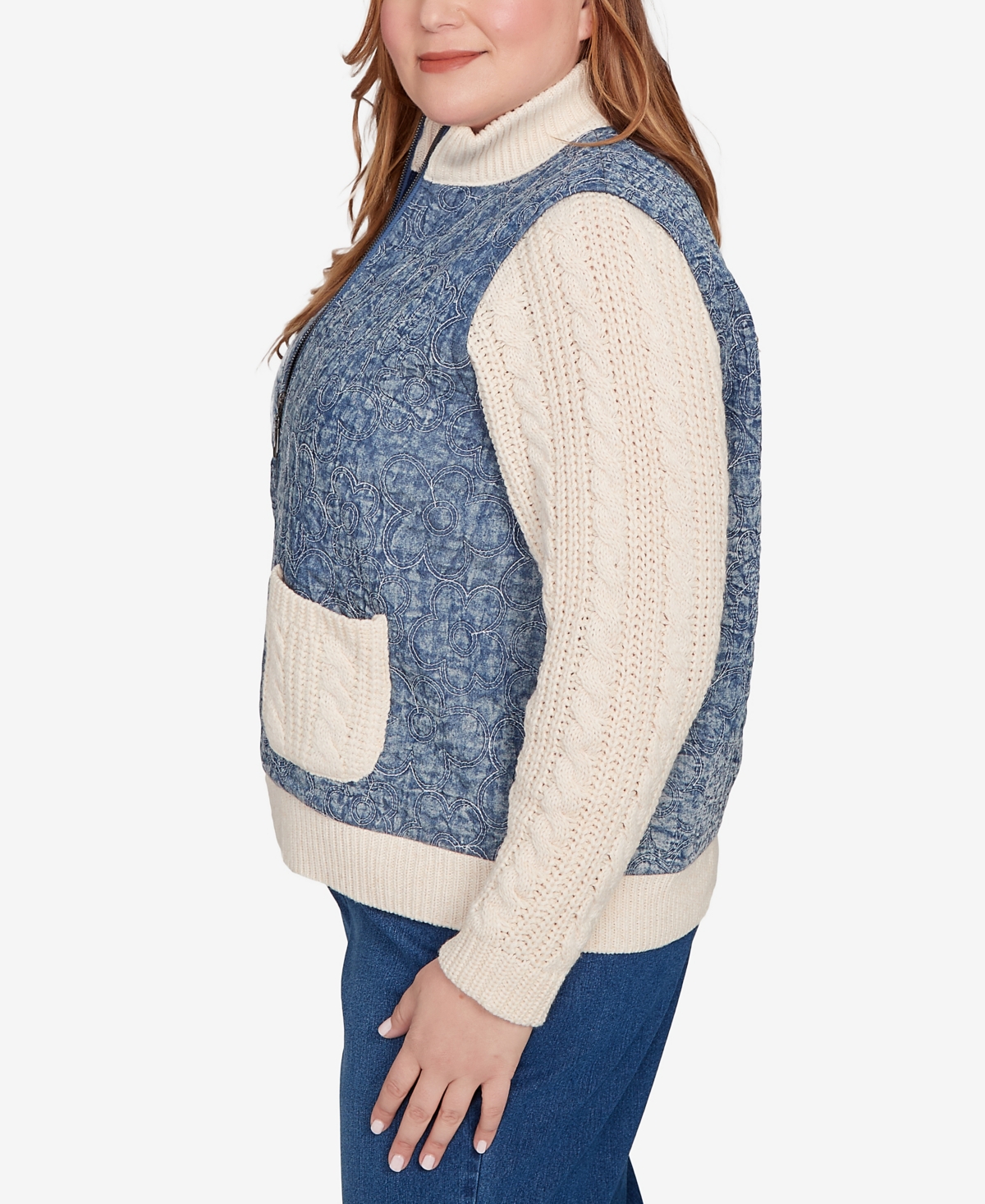 Alfred Dunner Plus Size Sunset Canyon Sweater Ribbed Quilted Jacket In Blue