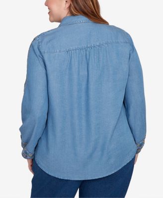 Plus Size Sunset Canyon Needlepoint Embroidered Button Front Top