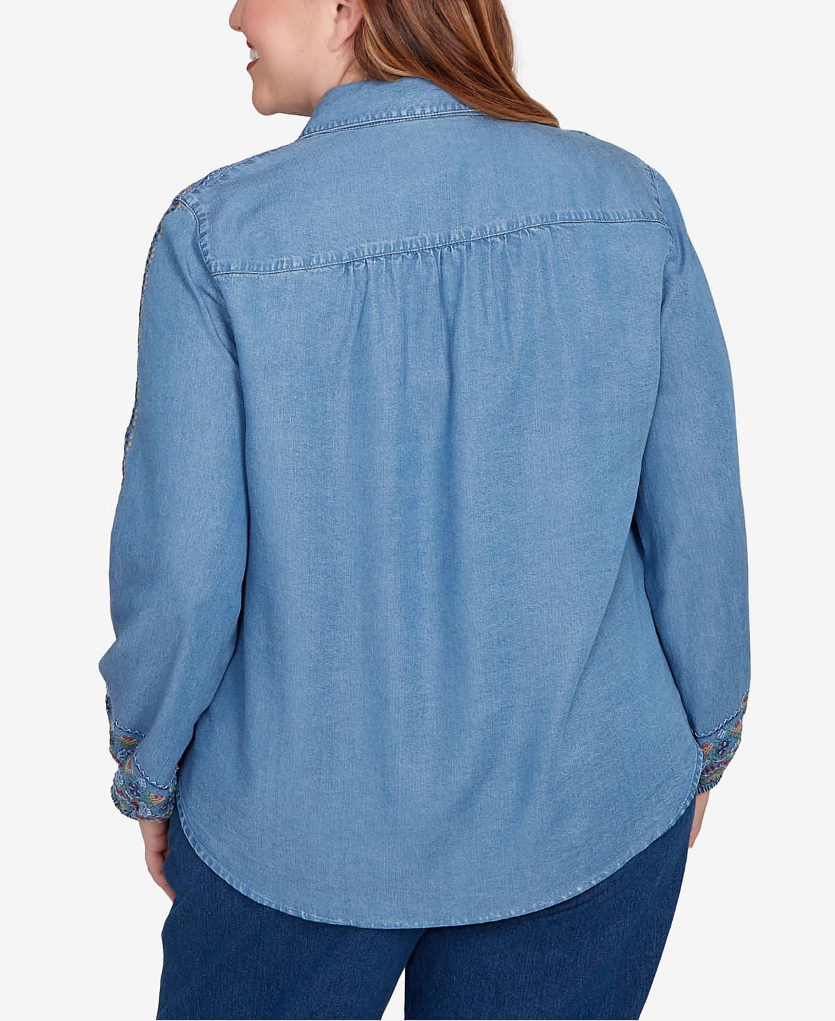 Alfred Dunner Plus Size Sunset Canyon Needlepoint Embroidered Button Front Top In Blue
