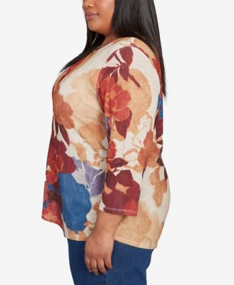 Plus Size Sunset Canyon Dramatic Abstract Floral Asymmetrical Top