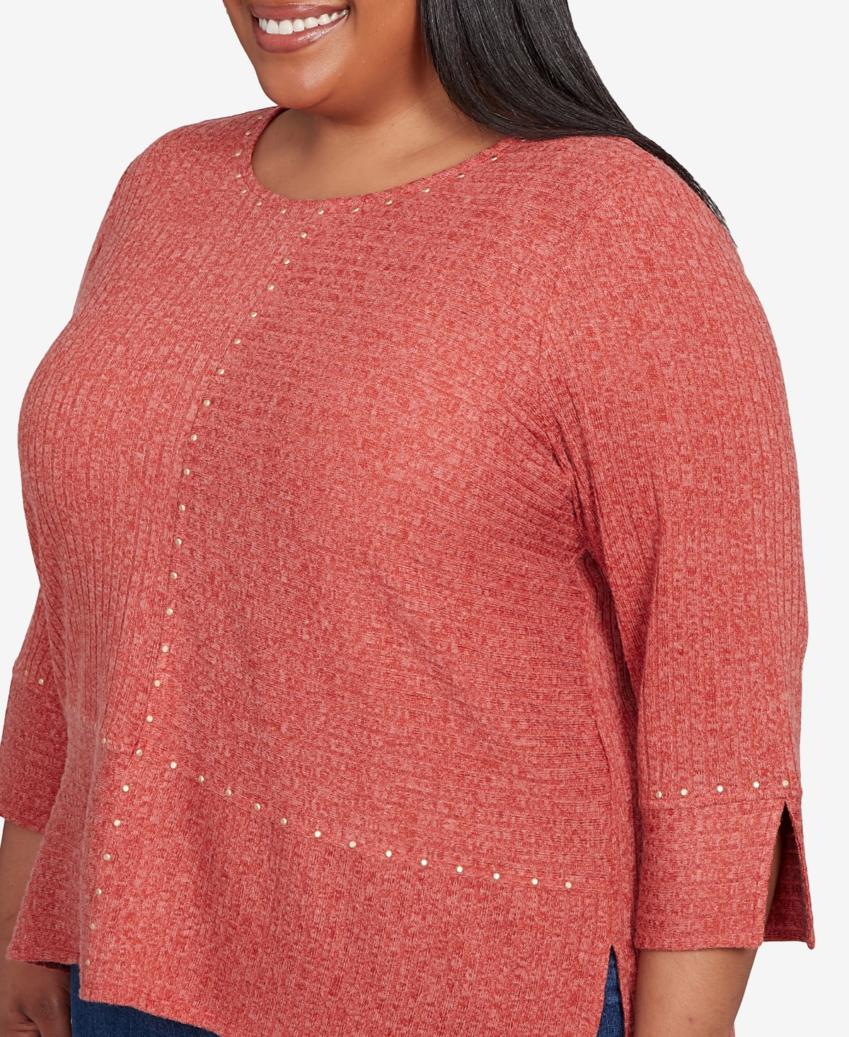 Alfred Dunner Plus Size Sunset Canyon Embellished Spliced Solid Top In Brown