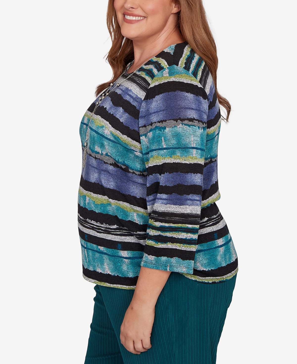 Alfred Dunner Plus Size Lake Champlain Biadere Melange Stripe Top With Necklace In Blue