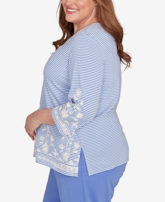 Plus Size Casual Vibe Embellished Striped Crew Neck Top