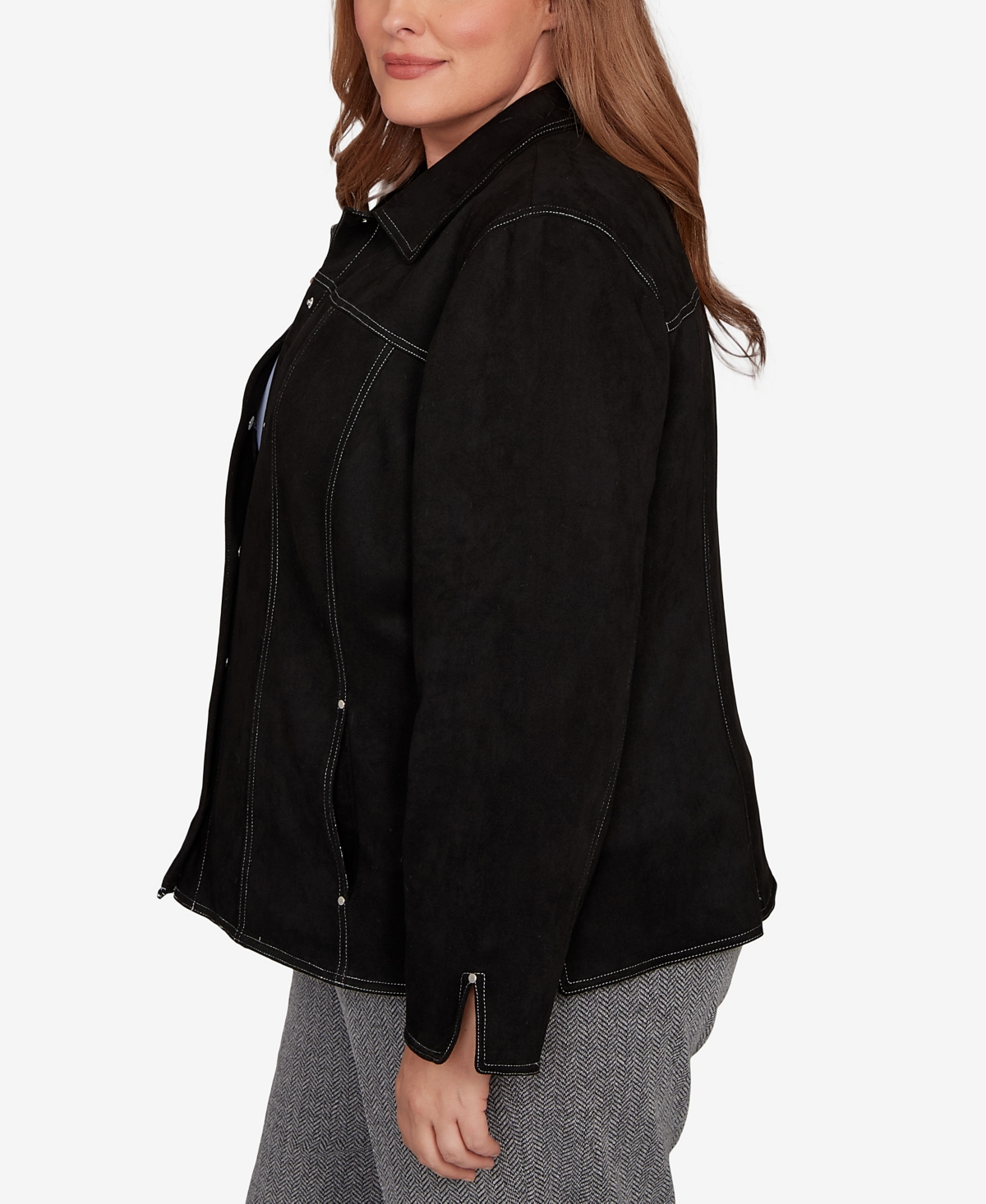 Alfred Dunner Plus Size Jet Setter Print Lining Faux Suede Jacket In Black