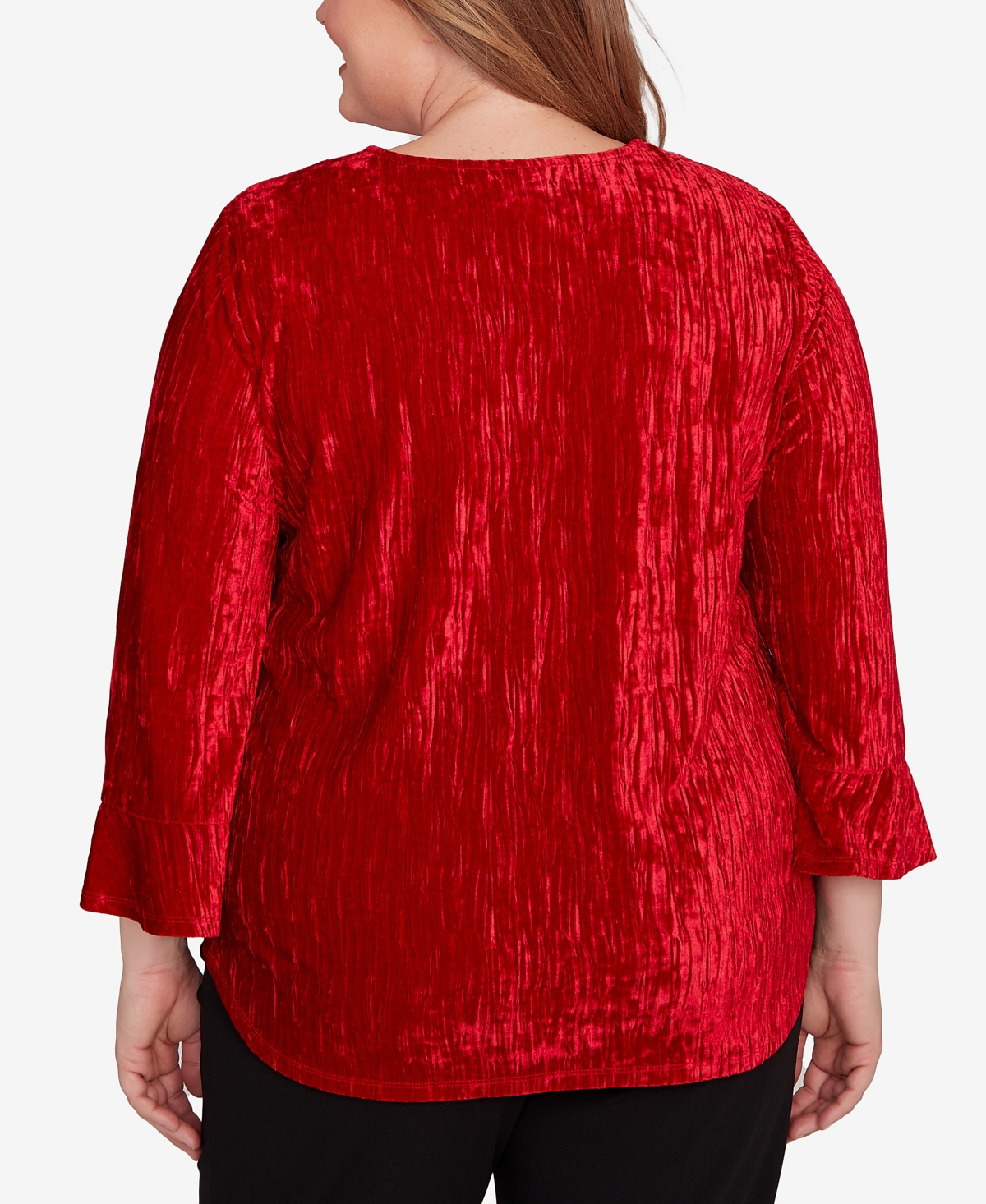 Alfred Dunner Plus Size Jet Setter Crushed Velvet Henley Tie Sleeve Top In Red
