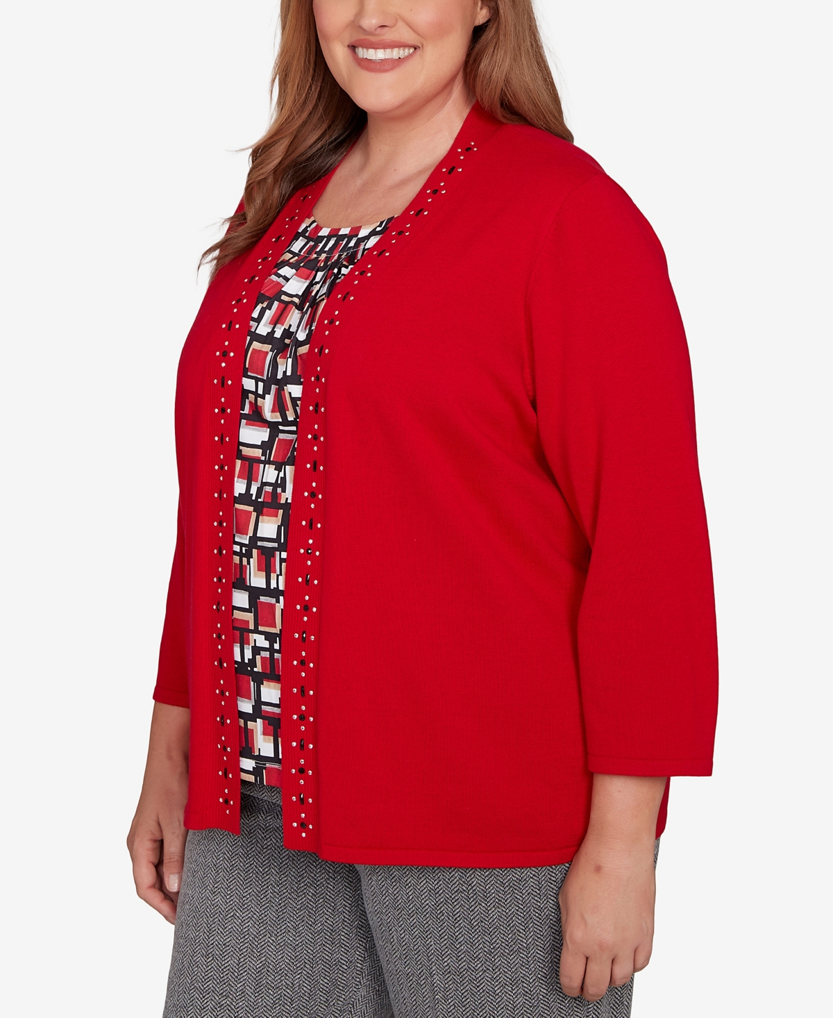 Alfred Dunner Plus Size Jet Setter Geometric Inner Two In One Sweater In Red