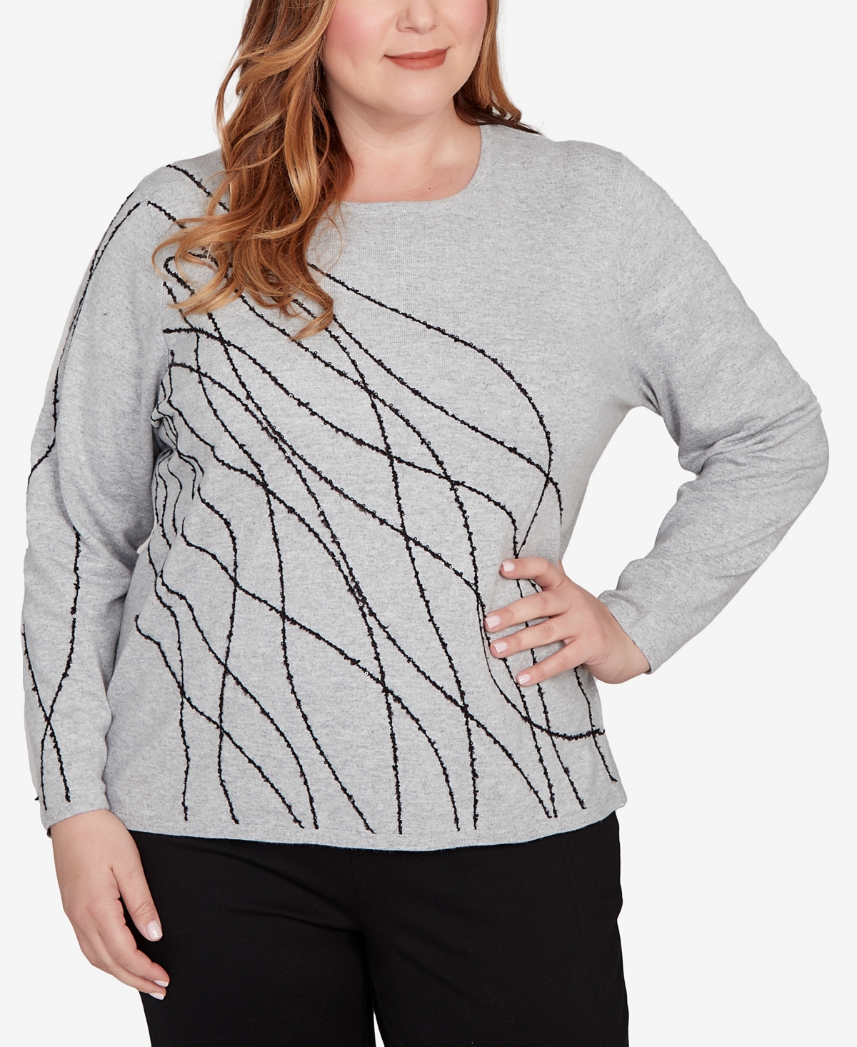 Alfred Dunner Plus Size Jet Setter Abstract Cording Sweater In Gray
