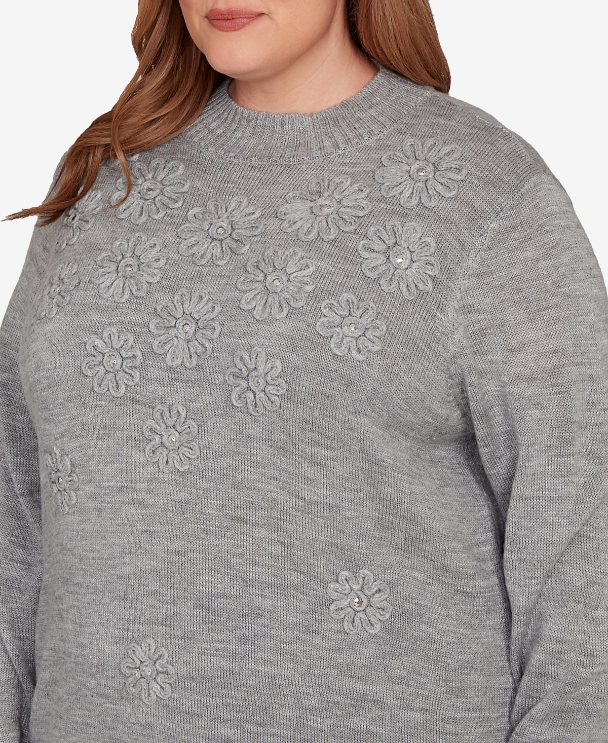 Alfred Dunner Plus Size Jet Setter Floral Soutache Embroidered Sweater In Gray