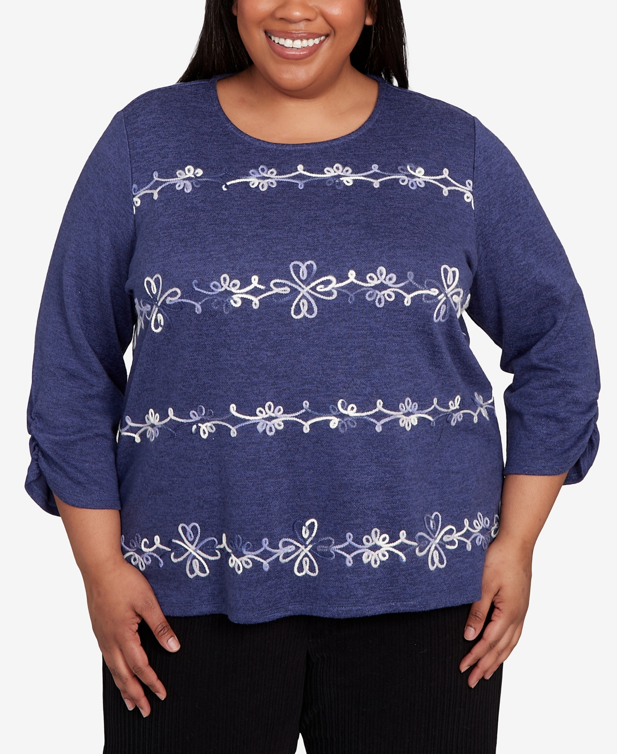 Alfred Dunner Plus Size Lake Champlain Embroidered Scroll Ruched Sleeve Top In Purple