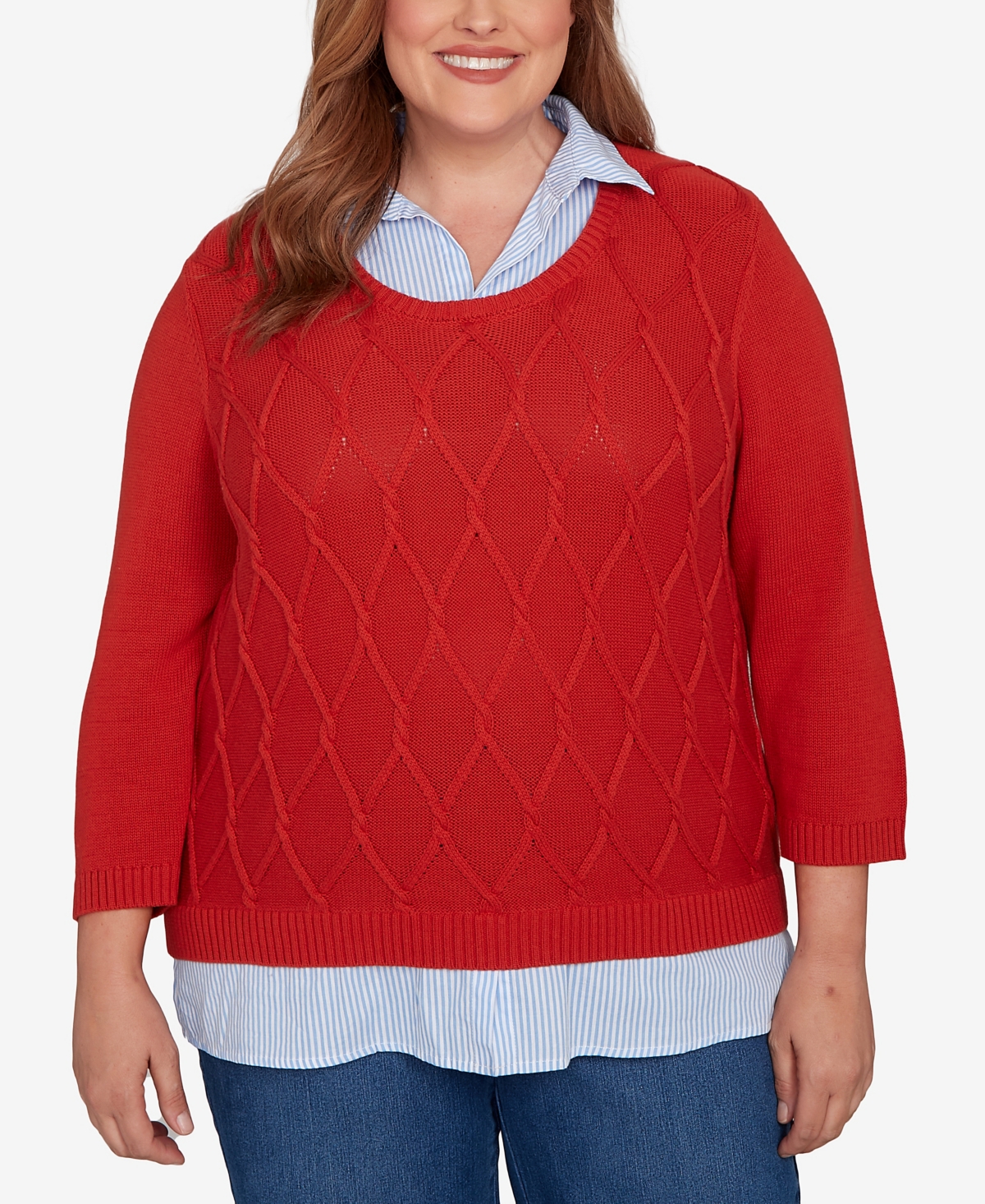 Alfred Dunner Plus Size Sunset Canyon Stitched Cable Stripe Woven Trim Sweater In Red