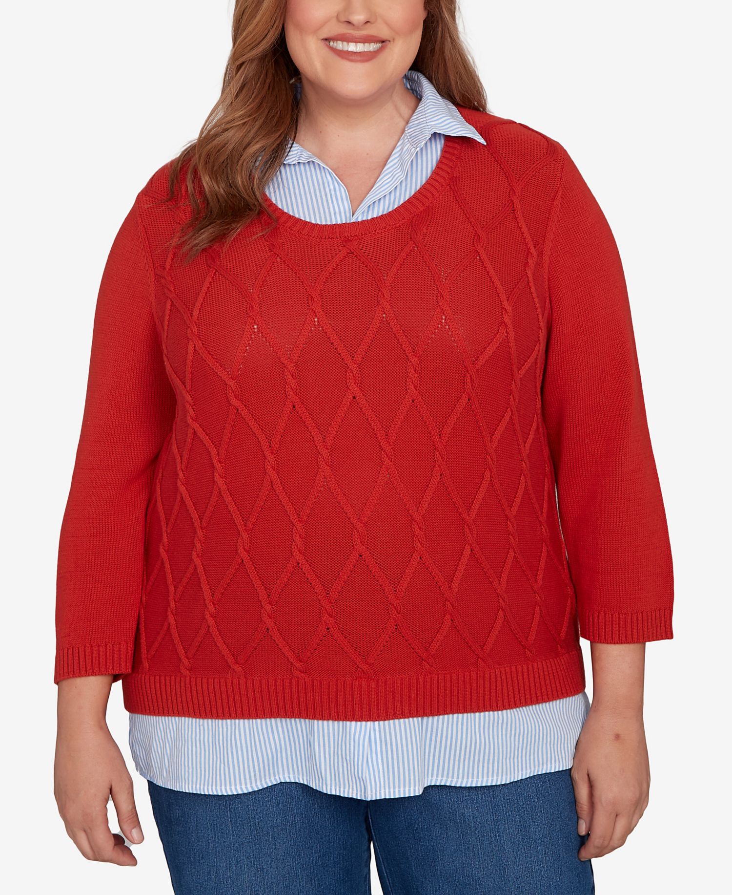 Plus Size Sunset Canyon Stitched Cable Stripe Woven Trim Sweater