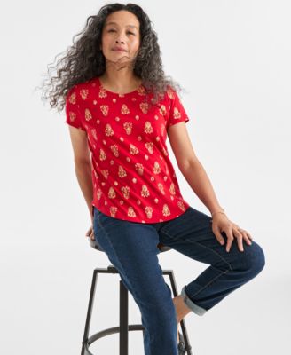 Petite Short Sleeve Holiday Damask Printed T-shirt, Macy's Exclusive