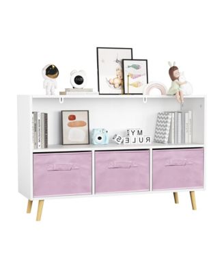 35 in. Wide White/Pink Kids Bookcase with Collapsible Fabric Drawers, Children's Book Display, Toy Storage Cabinet