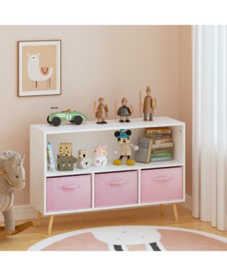 35 in. Wide White/Pink Kids Bookcase with Collapsible Fabric Drawers, Children's Book Display, Toy Storage Cabinet