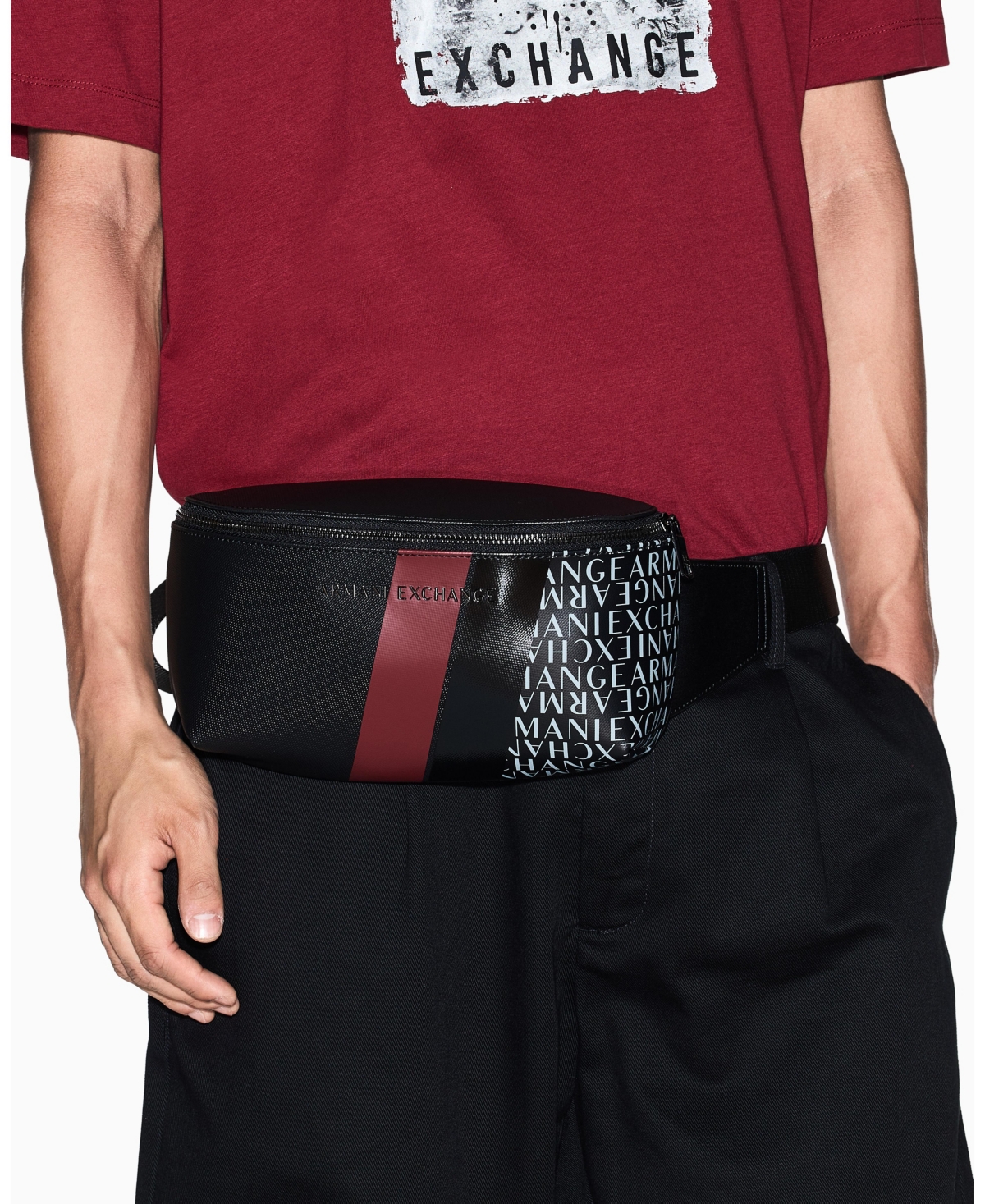 A|X Armani Exchange Men's Striped Detail Logo Graphic Belt Bag
