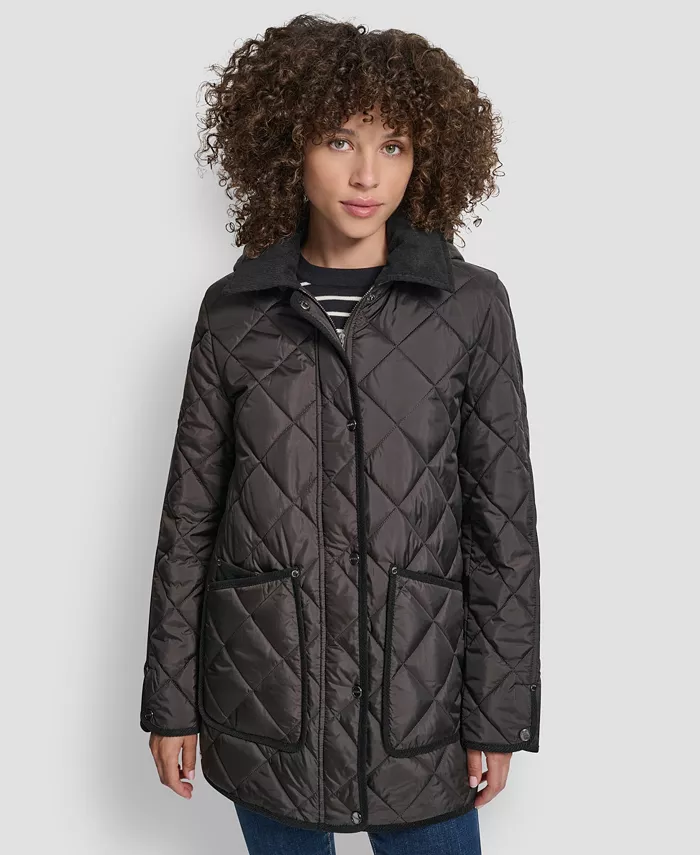 Women's Corduroy Collar Hooded Quilted Coat - thumbnail 7