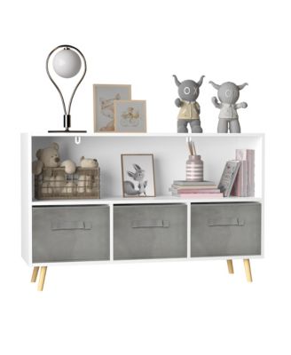35 in. Wide White/Gray Kids Bookcase with Collapsible Fabric Drawers, Children's Book Display, Toy Storage Cabinet
