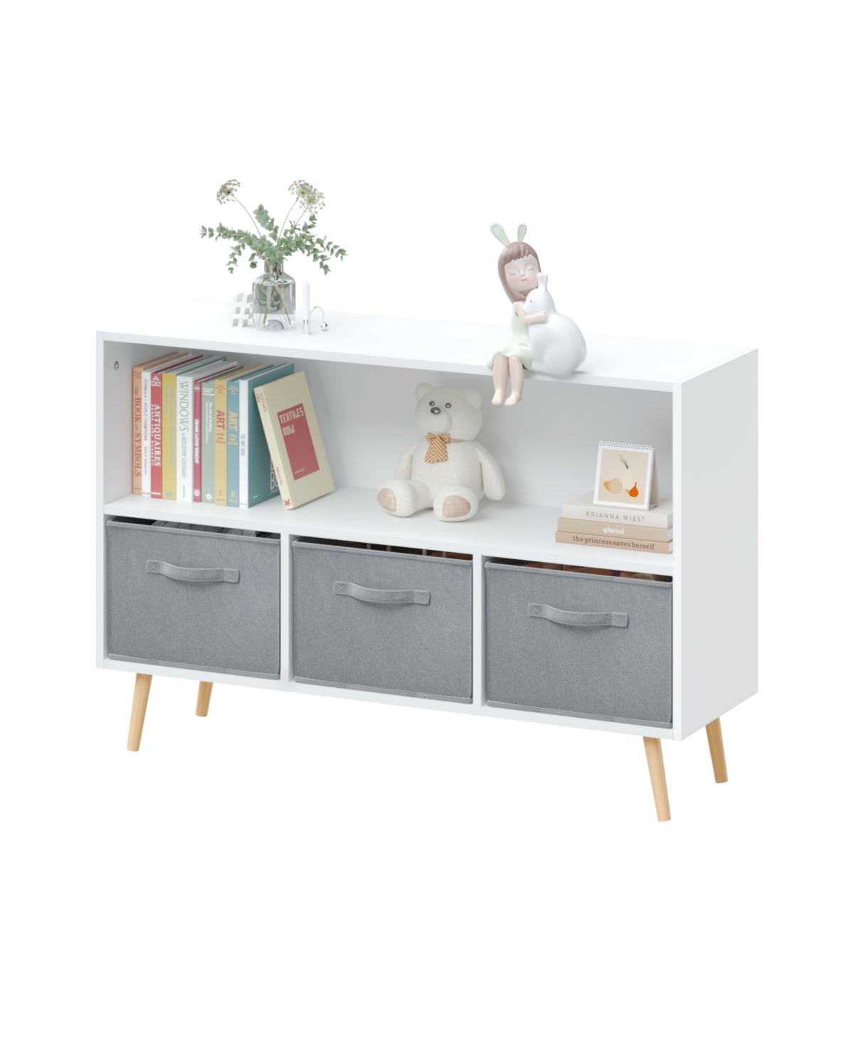 Jujabu 35 in. Wide White/Gray Kids Bookcase with Collapsible Fabric Drawers, Children's Book Display, Toy Storage Cabinet