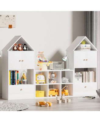 White Wood Children's Bookshelf with House-Shaped Design with Adjustable Placement for Playroom or Bedroom
