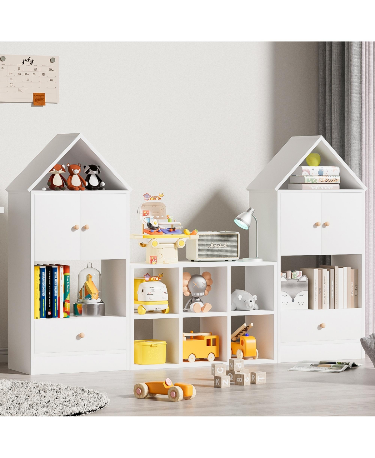 Jujabu White Wood Children's Bookshelf with House-Shaped Design with Adjustable Placement for Playroom or Bedroom