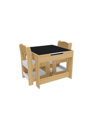 Natural Wood 3-in-1 Kids Study Table and Chairs Set with Detachable Blackboard Top for Drawing
