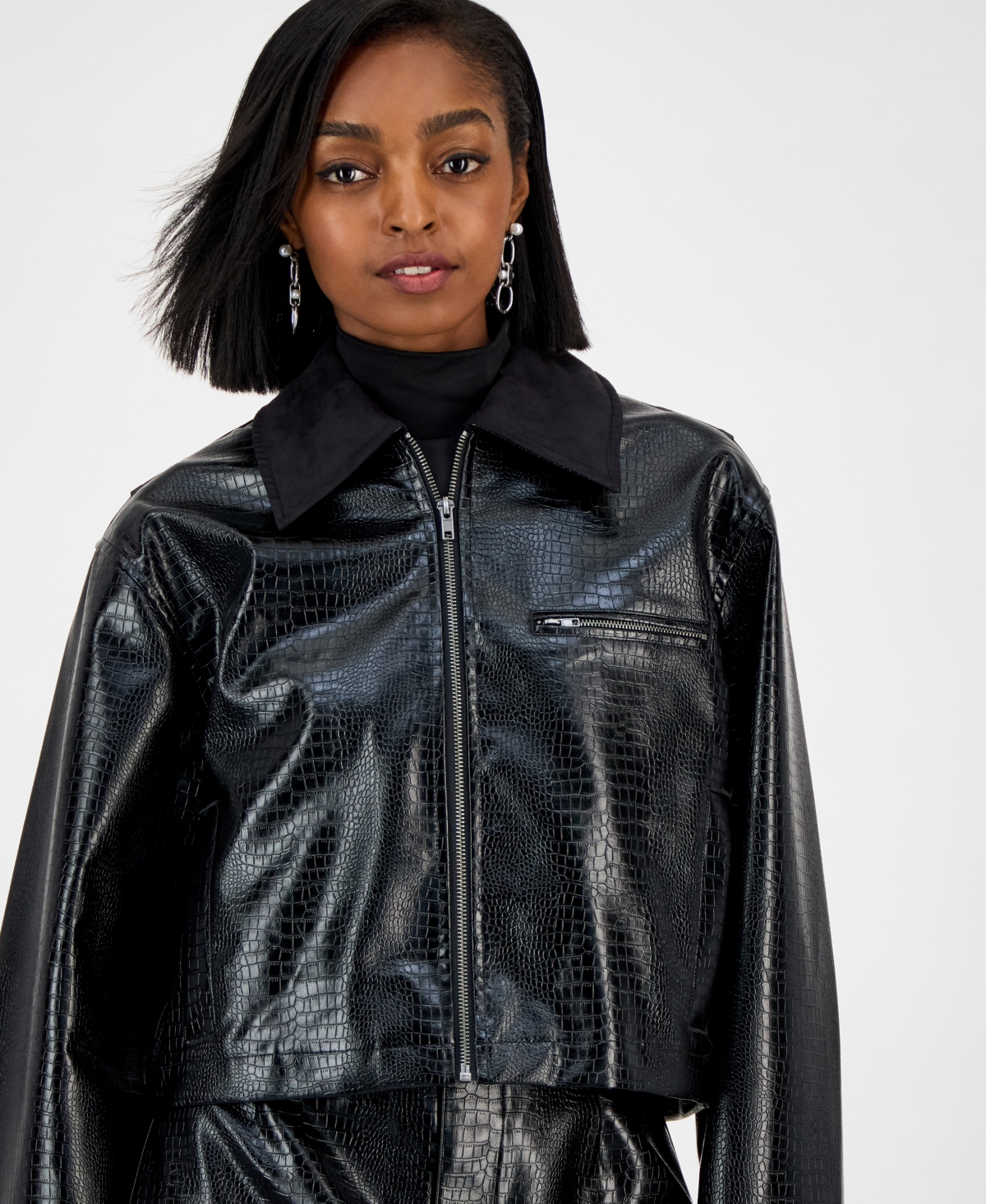 Bar Iii Women's Embossed Faux Leather Cropped Jacket, Macy's Exclusive In Black