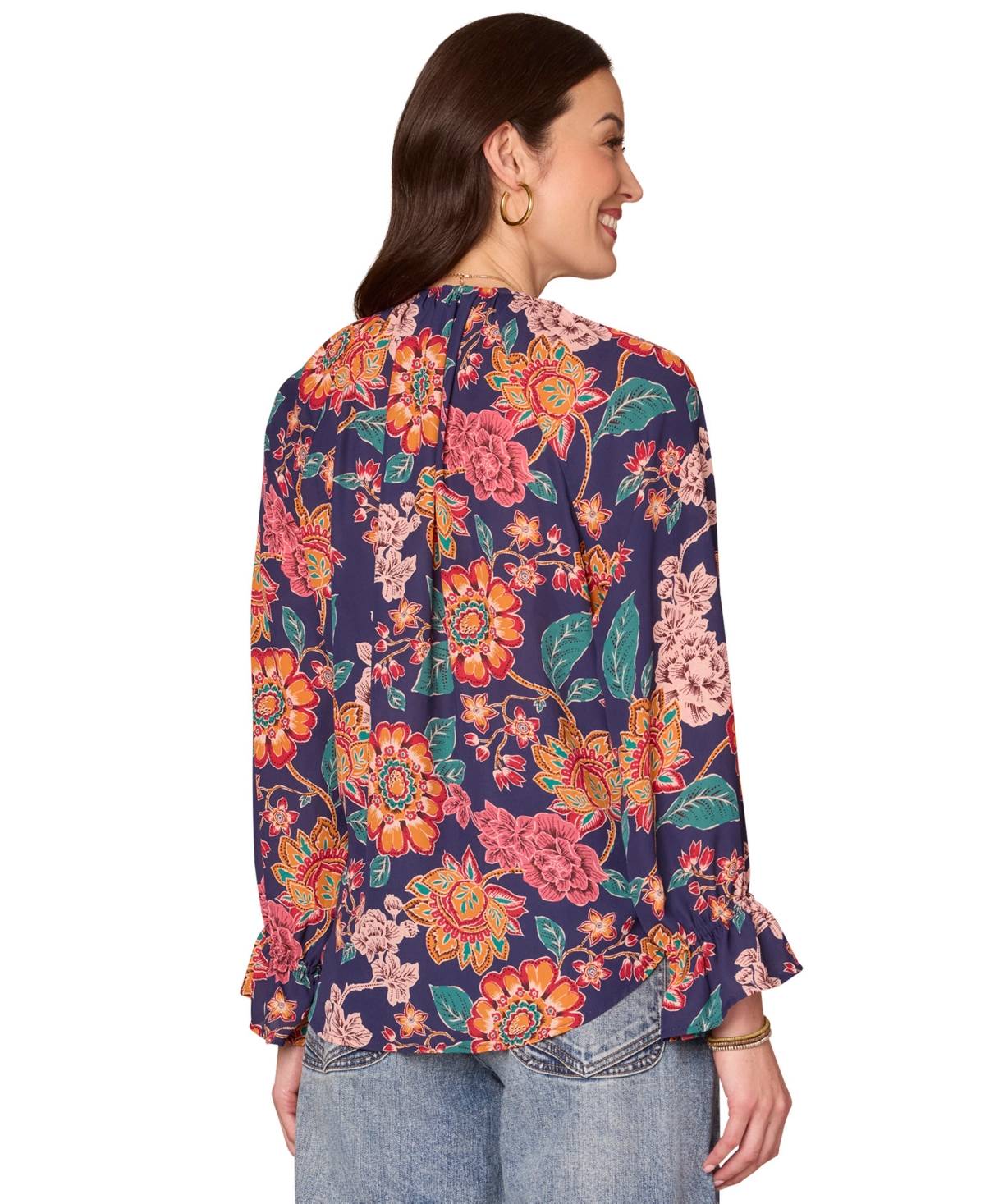 Democracy Petite Long Flounce Sleeve Top In Multi
