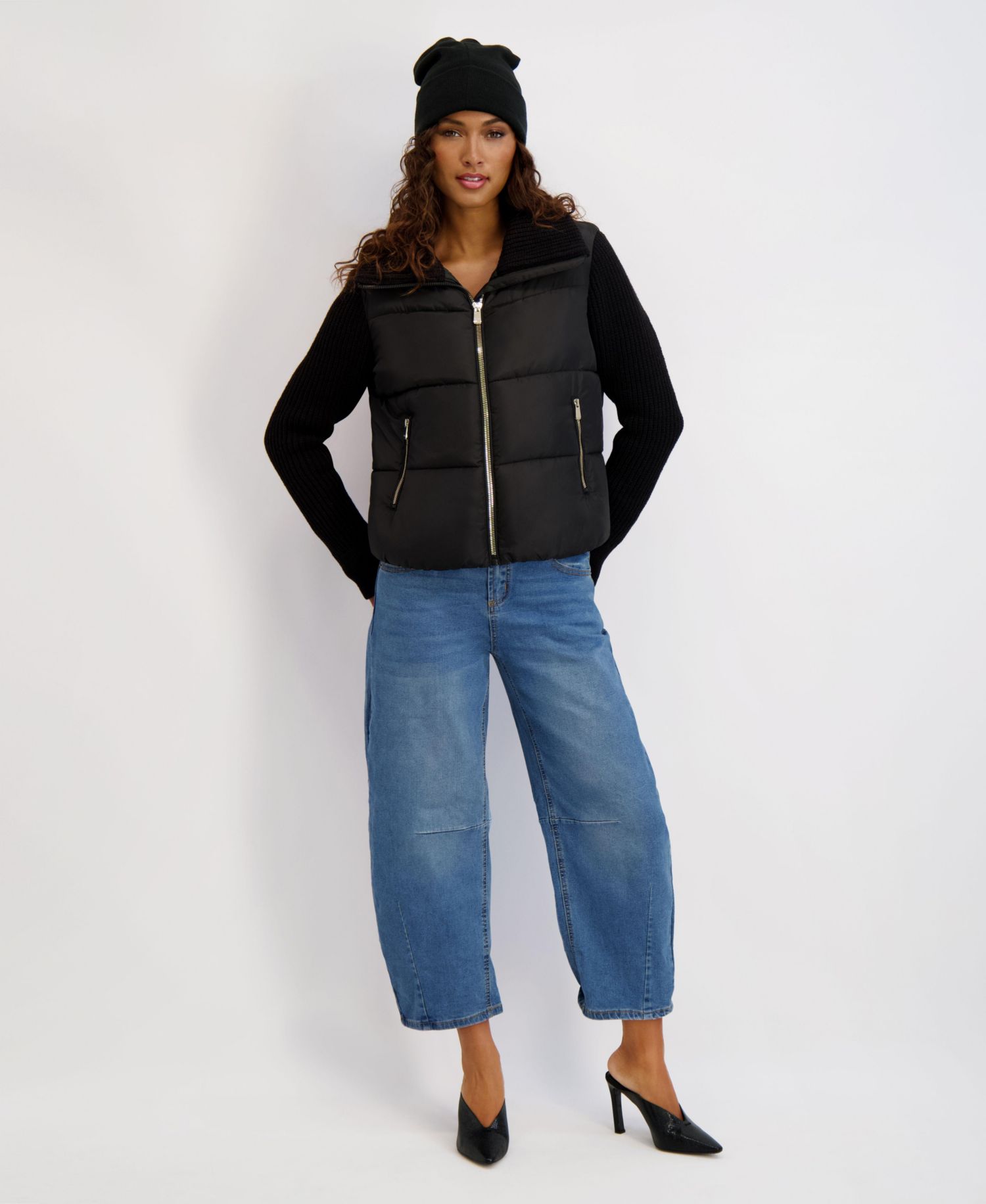 Women's Mixed Media Short Puffer with Knit Sleeves and Collar