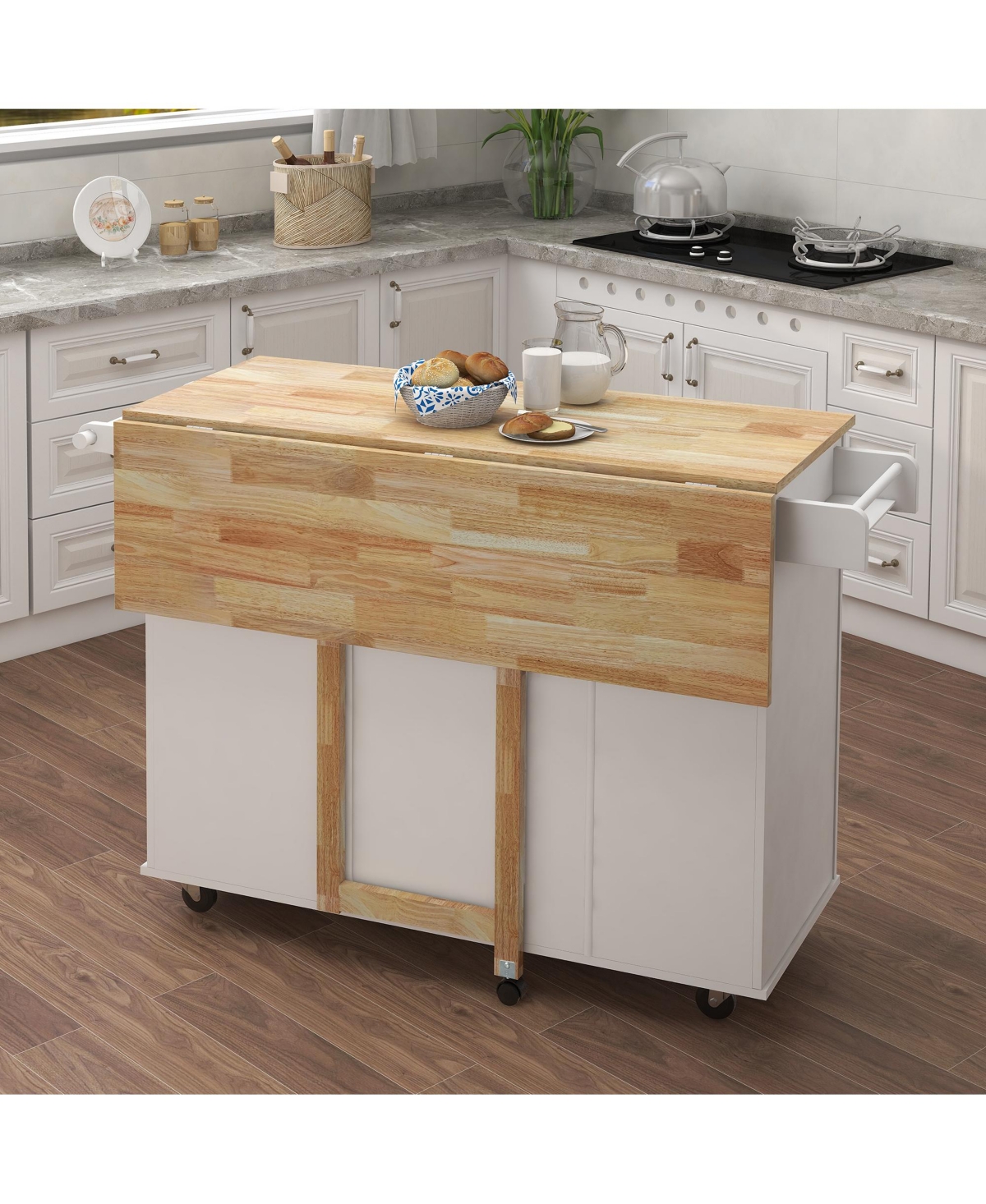 Casainc Kitchen Island with Spice Rack, Towel Bar and Extensible Solid Wood Tabletop